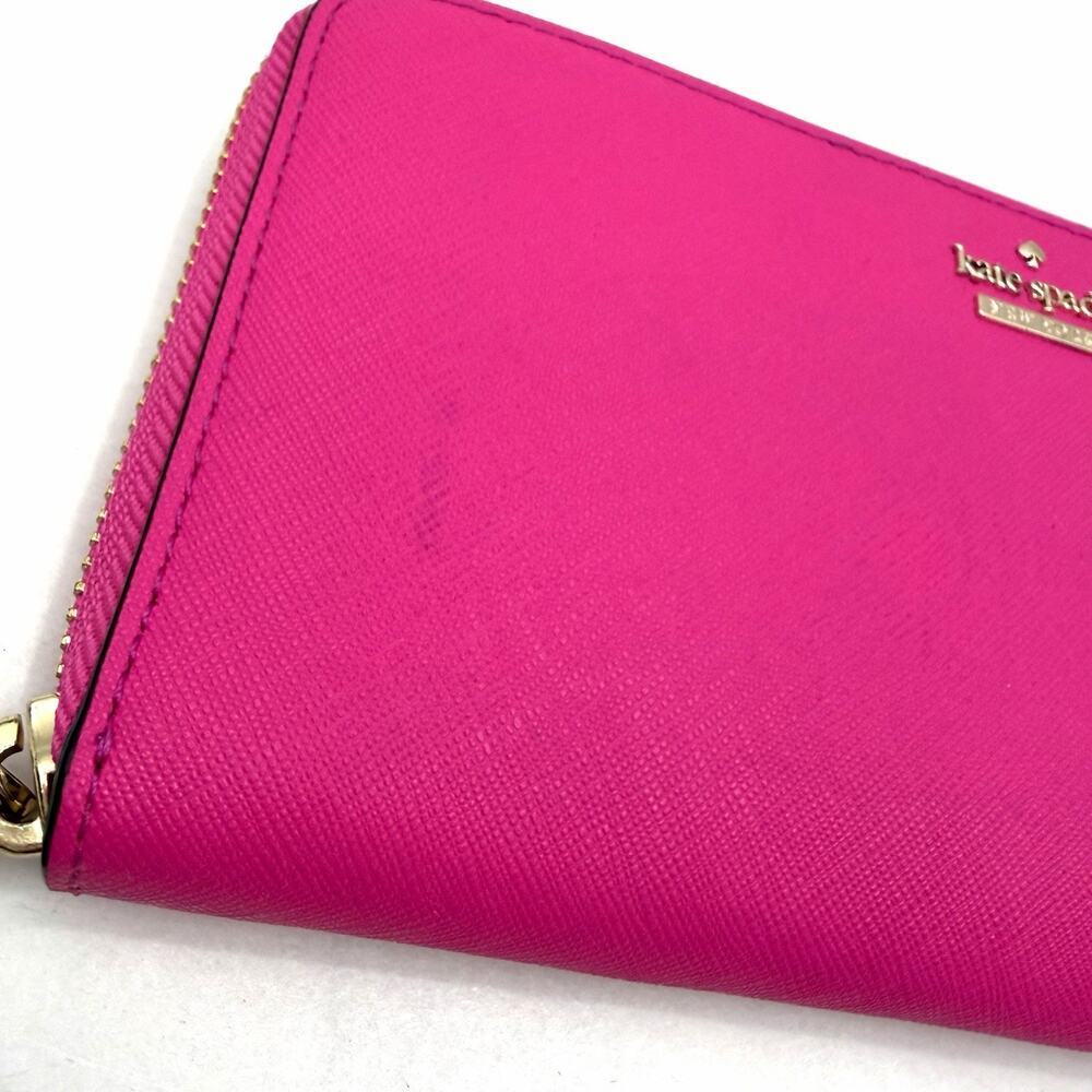 Kate Spade Zip Around Hot Pink Leather Wallet B&W Striped Interior - Picture 6 of 11